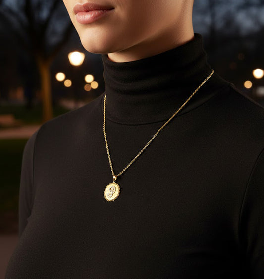 0.50ct Diamonds and High Polished 14K Gold Disc Initial Pendant Charm with Rope Chain Frame