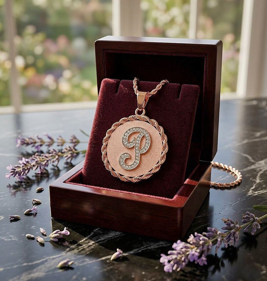 0.50ct Diamonds and High Polished 14K Gold Disc Initial Pendant Charm with Rope Chain Frame