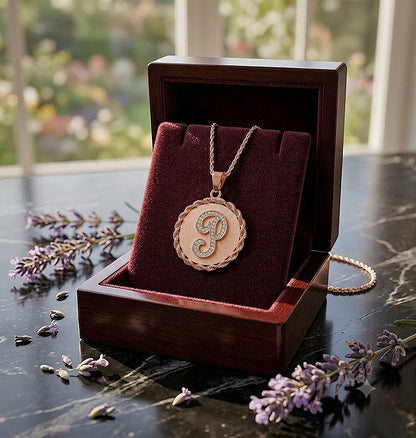 0.50ct Diamonds and High Polished 14K Gold Disc Initial Pendant Charm with Rope Chain Frame
