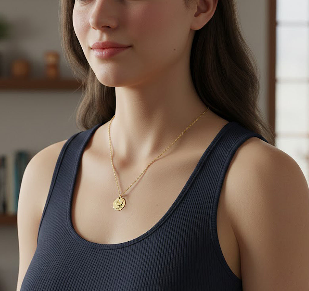 14K Gold 1 Initial Monogram Coin Pendant and XOXO Punch Out Coin Pendant