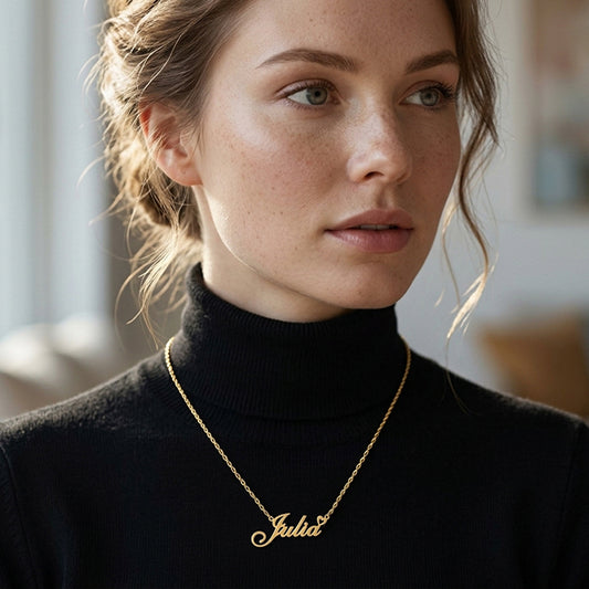 14K Gold Custom Name in Fancy Script and Open Heart Pendant Necklace
