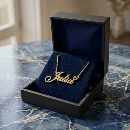 14K Gold Custom Name in Fancy Script and Open Heart Pendant Necklace