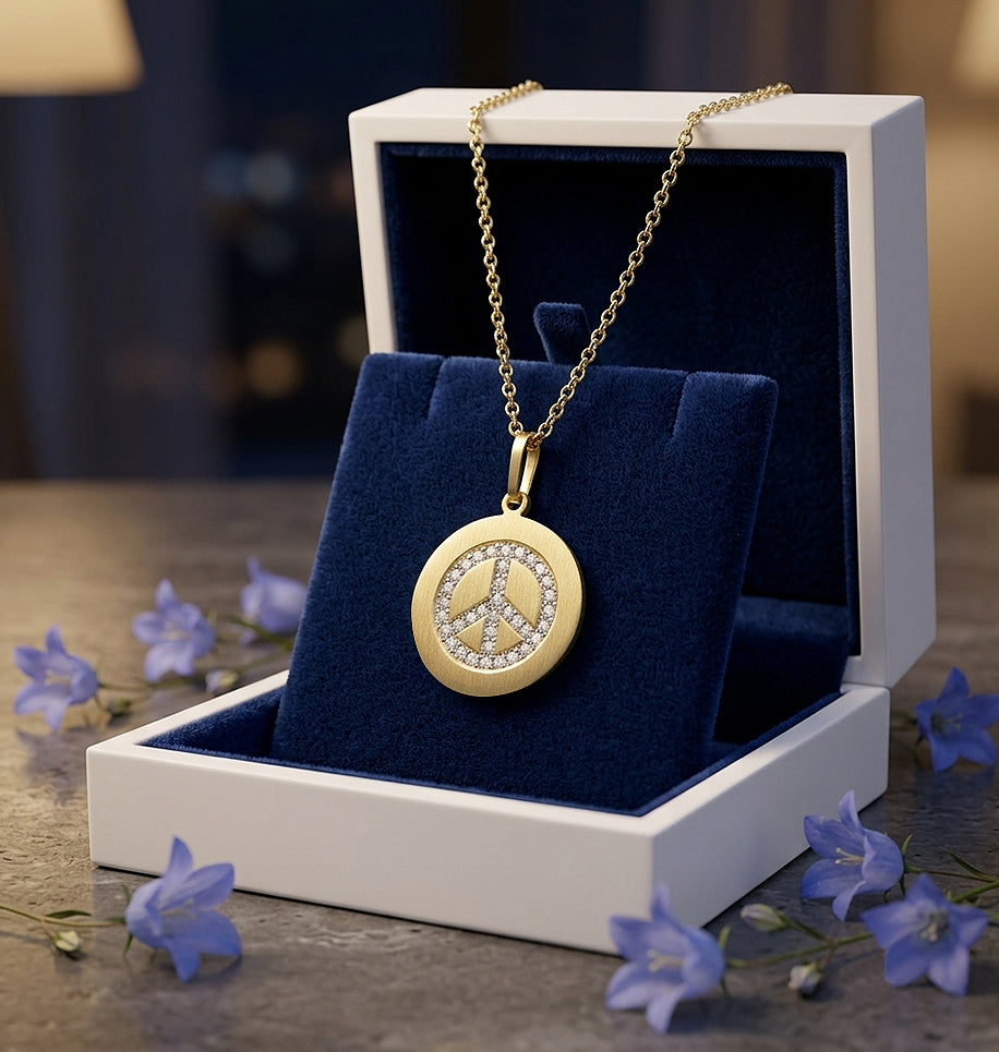 14K Gold Diamond Peace Disc Charm Pendant