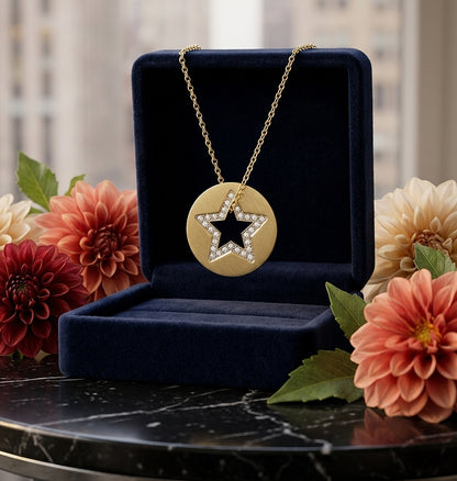 14K Gold Diamond Star Disc Charm Pendant