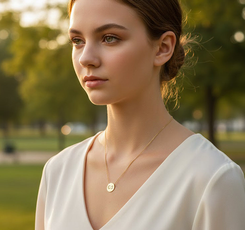 14K Gold Disc and Diamond Pendant Necklace | Customizable 2 Initial Monogram - Elegant Creations NYC