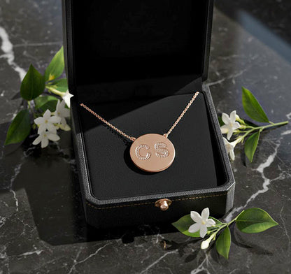 14K Gold Disc and Diamond Pendant Necklace | Customizable 2 Initial Monogram - Elegant Creations NYC