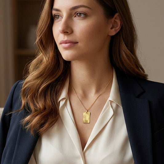 14K Gold Dog Tag Necklace with Personalized Punched Out Name | Matte Finish