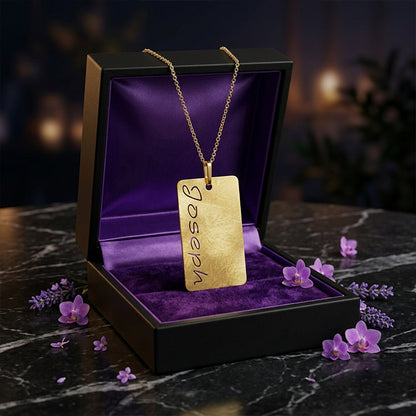 14K Gold Dog Tag Necklace with Personalized Punched Out Name | Matte Finish