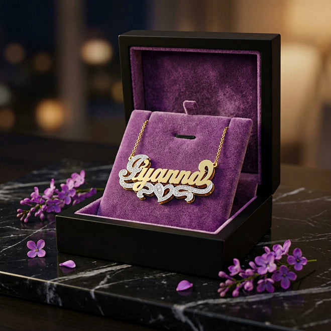 14K Gold Double Name Plate with Diamonds and Rhodium Sparkle