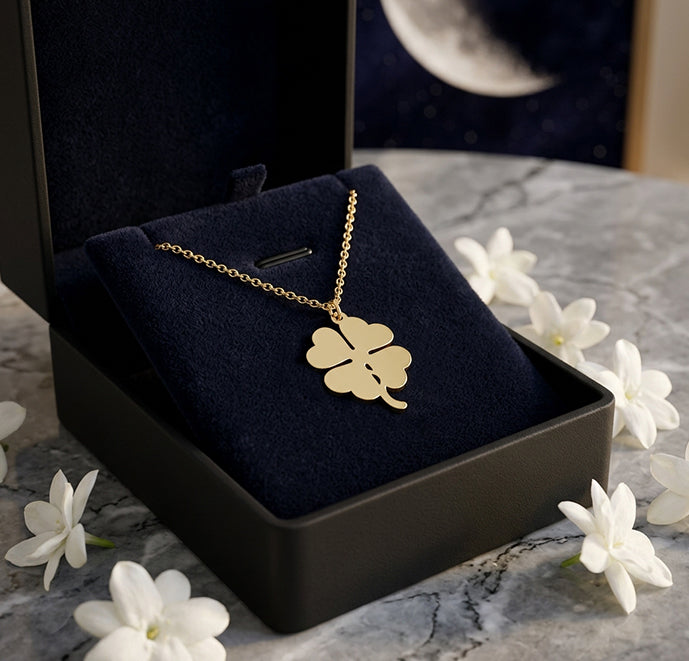 14K Gold Engravable Four Leaf Clover Pendant Charm with Gold Chain