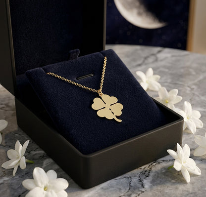14K Gold Engravable Four Leaf Clover Pendant Charm with Gold Chain