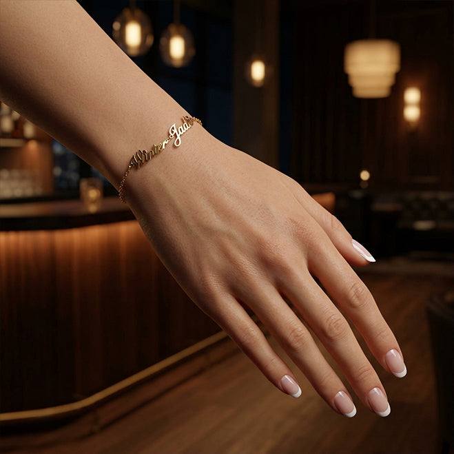 14K Gold Freestyle Script Text with Birthstone Bracelet