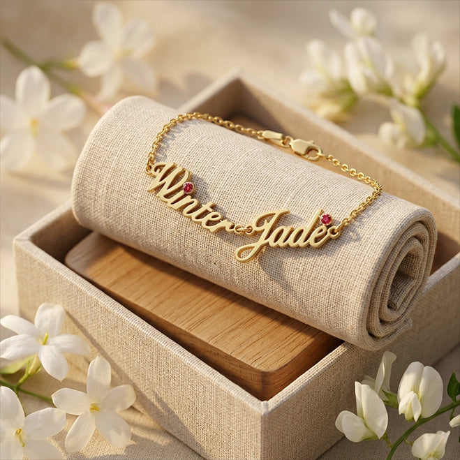 14K Gold Freestyle Script Text with Birthstone Bracelet