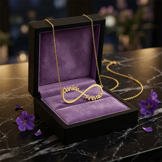 14K Gold Infinity Charm Necklace with Custom 2 Names