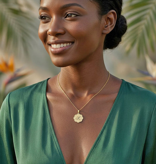 14K Gold Monogram Scallop shaped Pendant Necklace