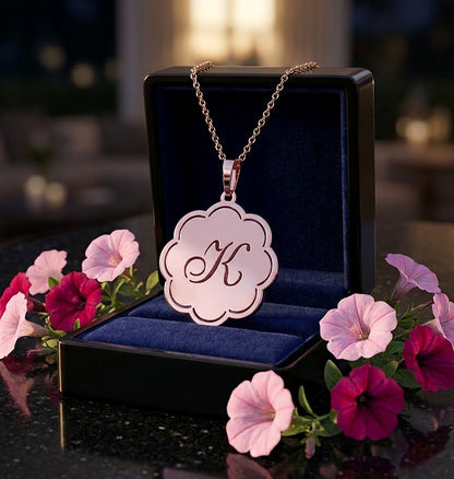 14K Gold Monogram Scallop shaped Pendant Necklace