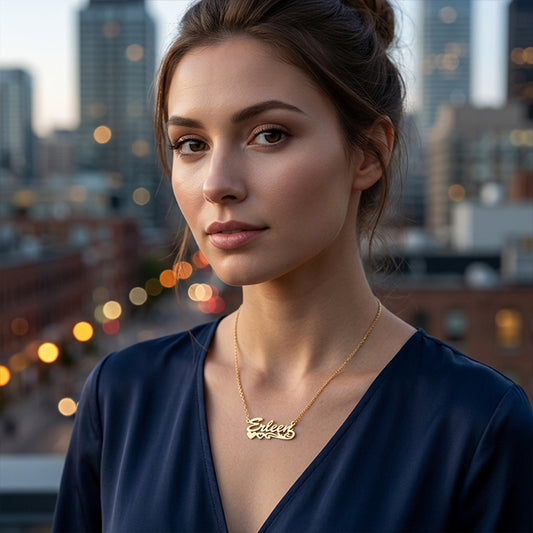14K Gold Name Plate with Hearts Necklace | High Polish