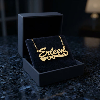 14K Gold Name Plate with Hearts Necklace | High Polish