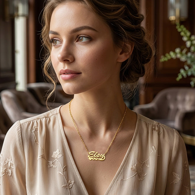 14K Gold Name Plate with Hearts Necklace featuring Second Layer Shadow