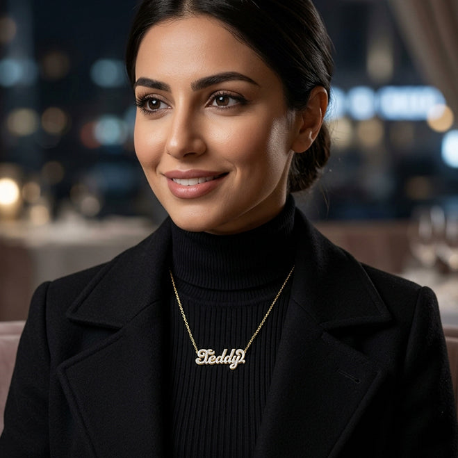 14K Gold Nameplate Necklace with Shadowbox and Full Rhodium Sparkle