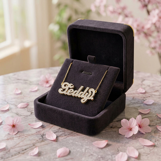 14K Gold Nameplate Necklace with Shadowbox and Full Rhodium Sparkle
