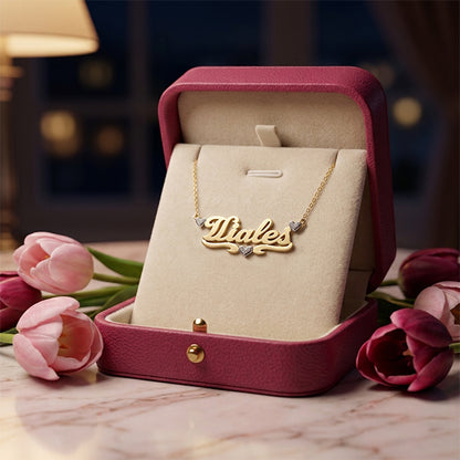 14K Gold Nameplate with Diamond Hearts with High Polish Names
