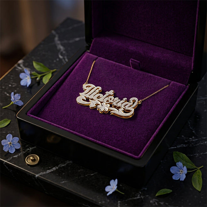 14K Gold Nameplate with Flower Shadowbox and Full Rhodium Sparkle