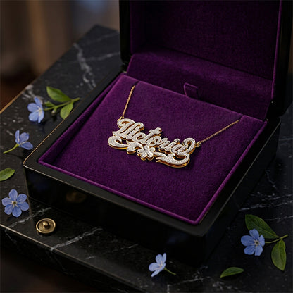 14K Gold Nameplate with Flower Shadowbox and Full Rhodium Sparkle