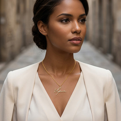 14K Gold Necklace with 1.375" Script Love Pendant