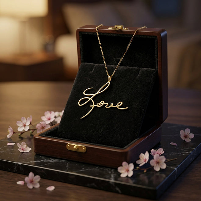 14K Gold Necklace with 1.375" Script Love Pendant