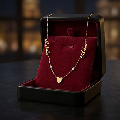 14K Gold Necklace with Two Diamonds, Two Names and Heart
