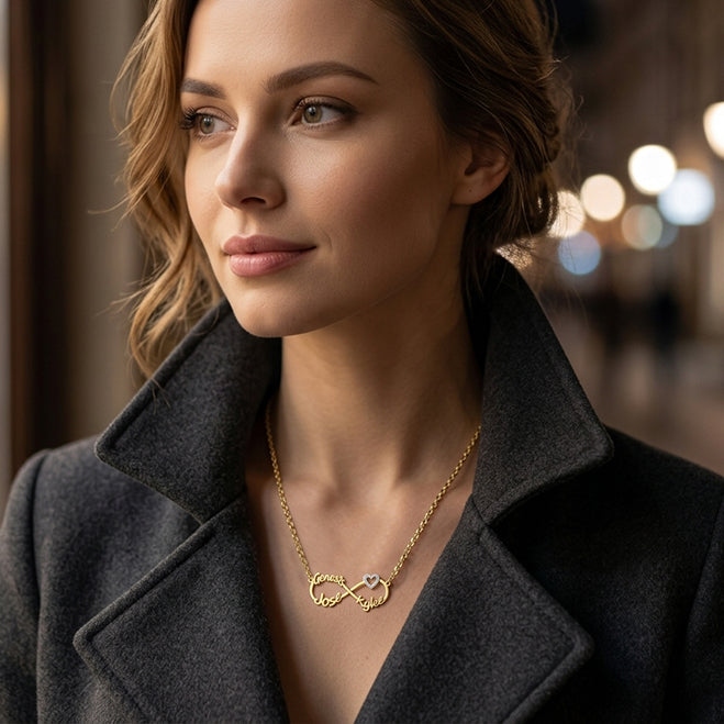 14K Gold Open Heart and Infinity Charm Necklace with 3 Custom Names