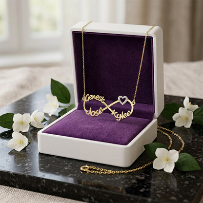 14K Gold Open Heart and Infinity Charm Necklace with 3 Custom Names
