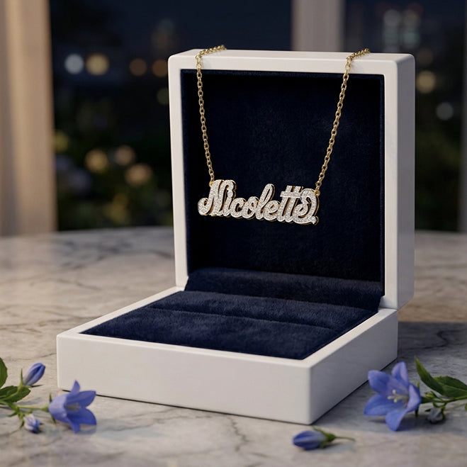 14K Gold Script Double Nameplate with Genuine Diamonds Hanging on a Curb Chain