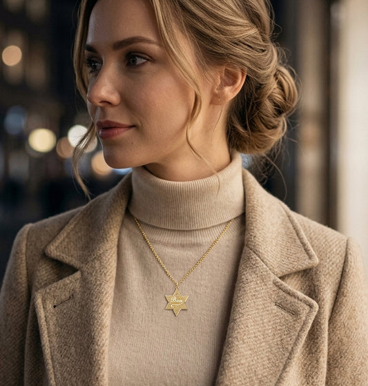 14K Gold Star of David with Diamond and Custom Punch out Name Pendant in 14K Gold