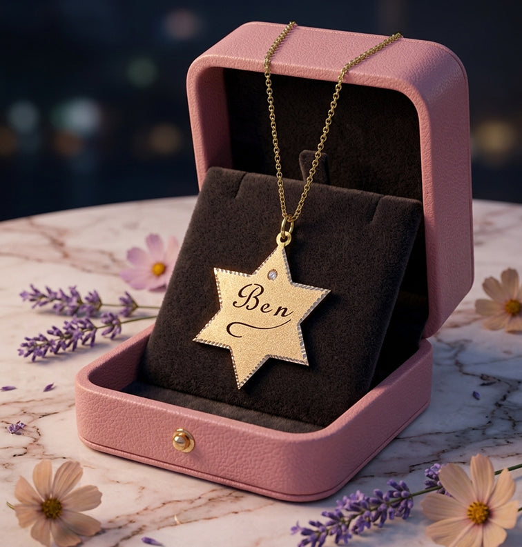 14K Gold Star of David with Diamond and Custom Punch out Name Pendant in 14K Gold