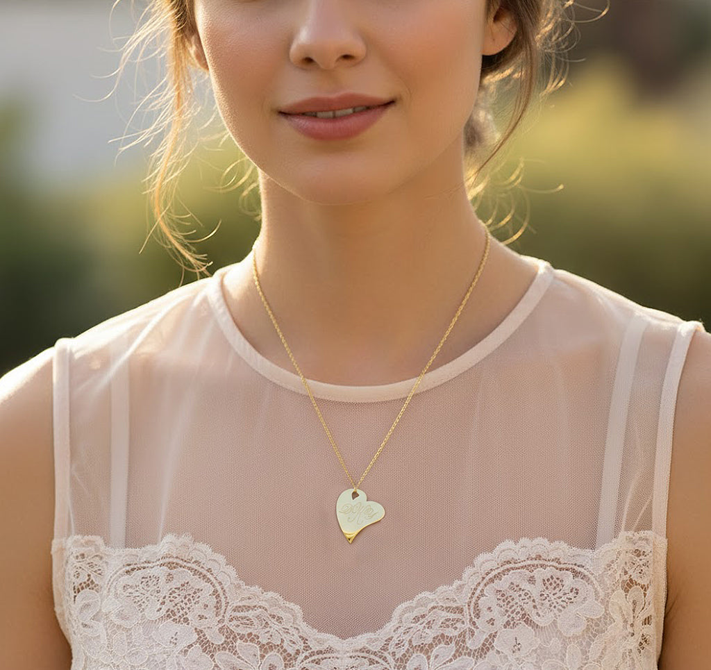 14K Gold Three Initial Monogram Heart Necklace | Personalized