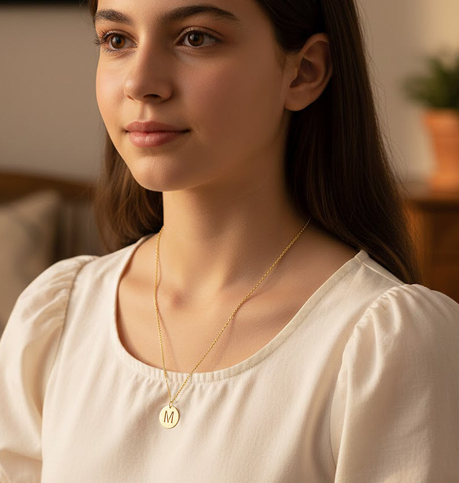 14K Gold Yours Truly High Polished Disc Pendant Initial Letter Necklace - Elegant Creations NYC