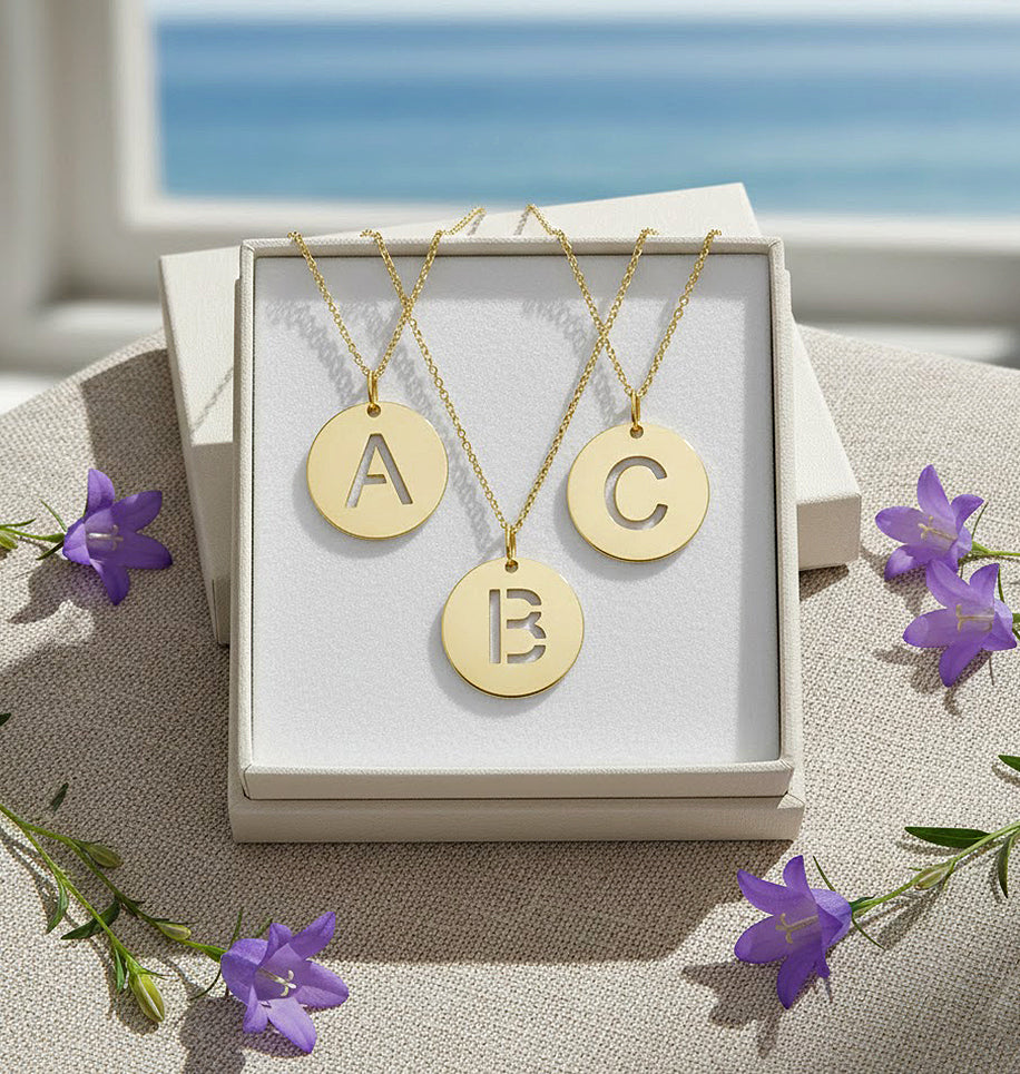 14K Gold Yours Truly High Polished Disc Pendant Initial Letter Necklace - Elegant Creations NYC