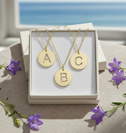 14K Gold Yours Truly High Polished Disc Pendant Initial Letter Necklace - Elegant Creations NYC