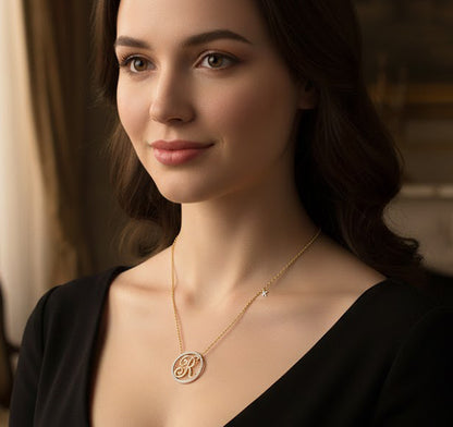 14K Gold and Diamond Monogram Halo Pendant with Secondary Letter on Chain