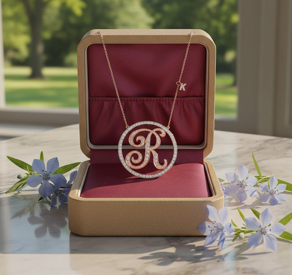 14K Gold and Diamond Monogram Halo Pendant with Secondary Letter on Chain