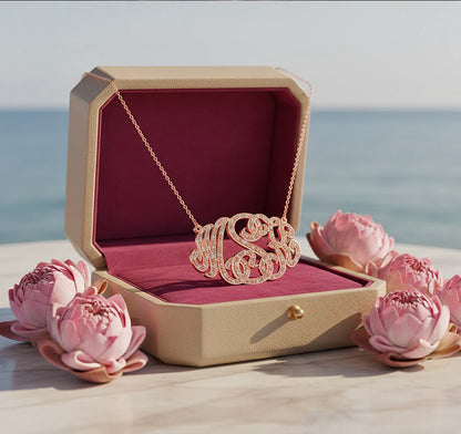 14K Gold and Diamond Script Monogram Necklace | Customizable 3 Character Monogram