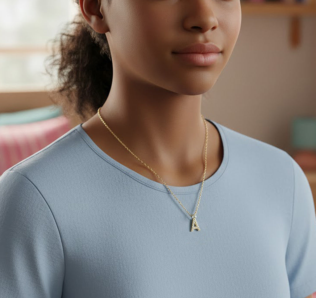 14K Gold and Diamonds Initial Letter Pendant Charm Necklace | 12mm