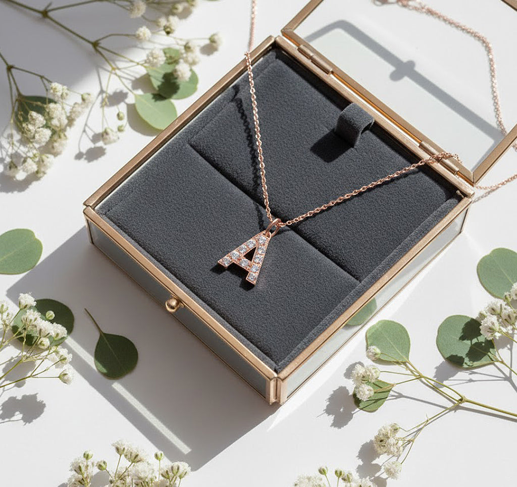 14K Gold and Diamonds Initial Letter Pendant Charm Necklace | 12mm