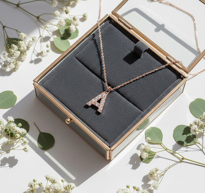 14K Gold and Diamonds Initial Letter Pendant Charm Necklace | 12mm