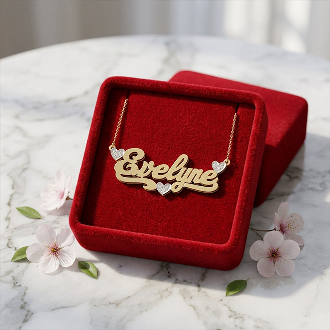 14K Gold and Diamonds Triple Heart Nameplate with Shadowbox Pendant Necklace