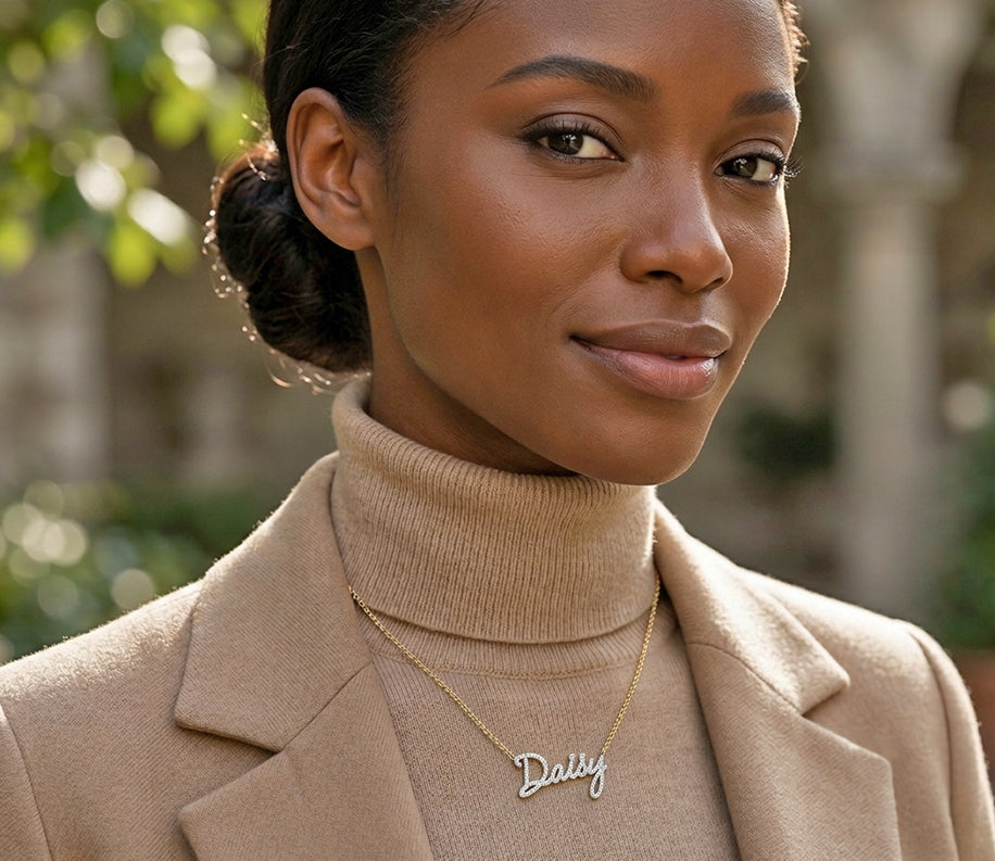 14K Gold and Pave Diamonds Freestyle Script Name Necklace | Small Size
