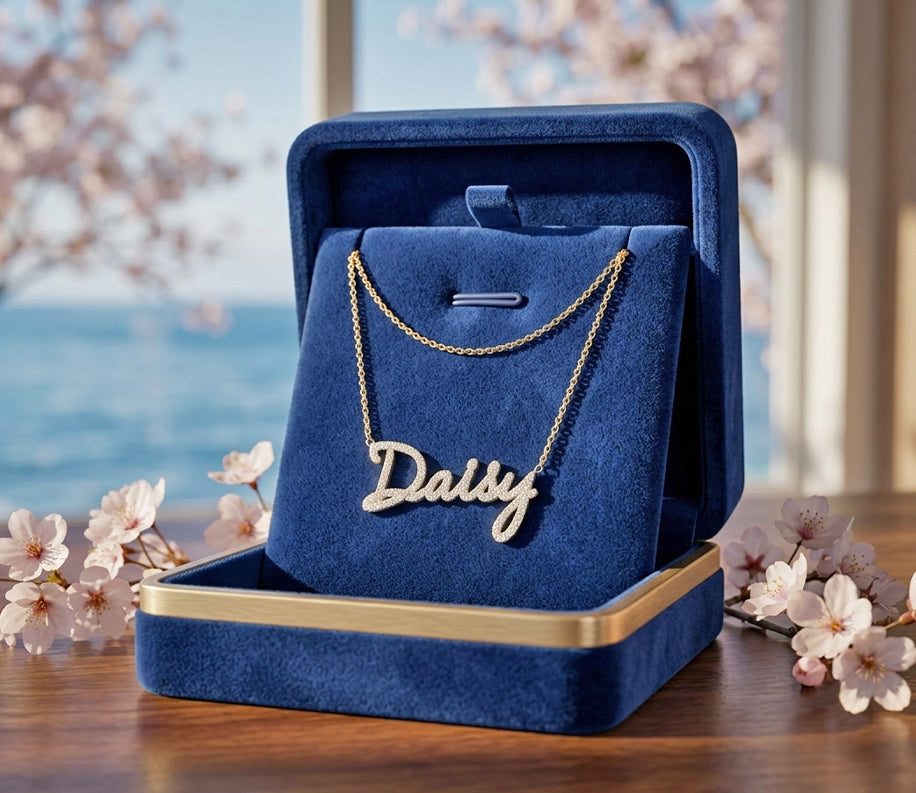 14K Gold and Pave Diamonds Freestyle Script Name Necklace | Small Size