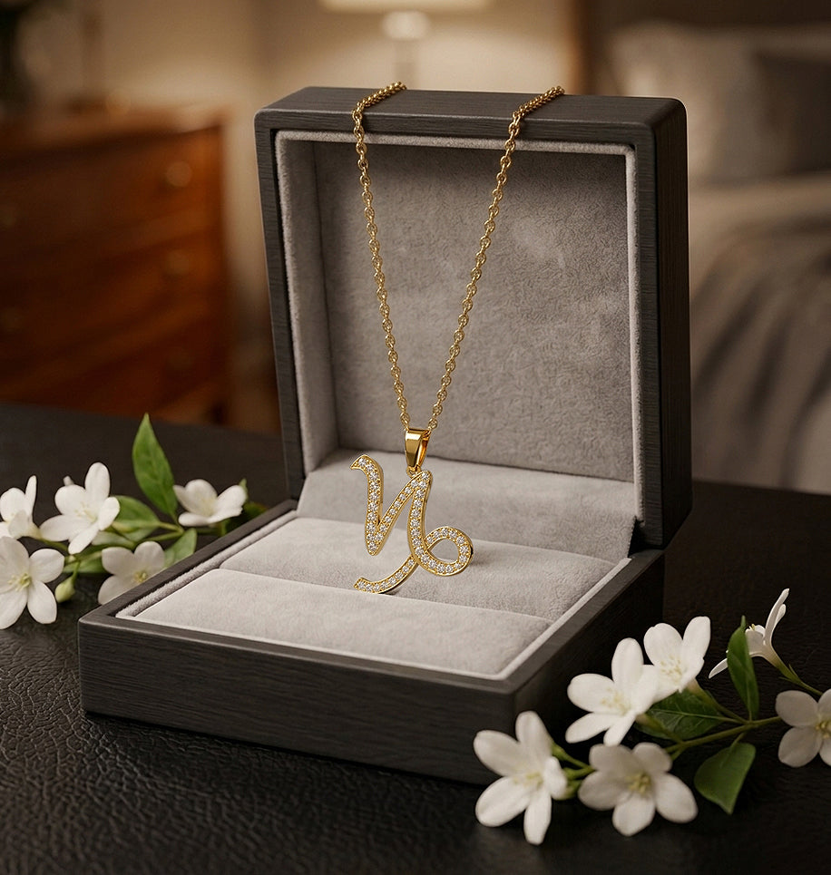 14K Gold and Pave Diamonds Zodiac Charm Necklace | Capricorn